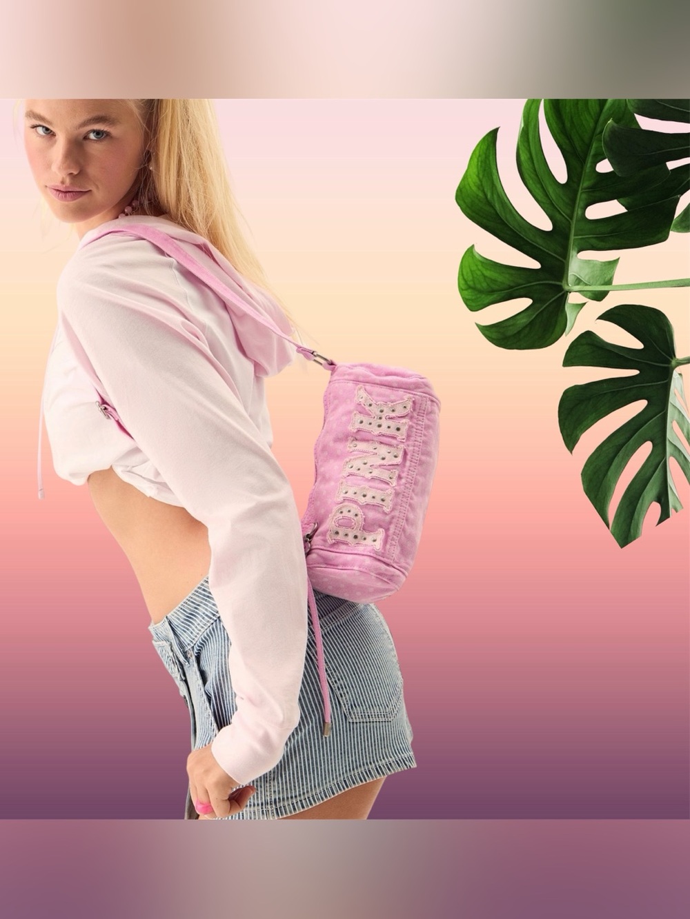 Victoria's Secret PINK Canvas Rolled Duffle Shoulder Bag in pink denim - Picture 4 of 12
